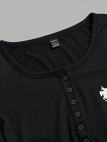 SHEIN EZwear 2件裝女款小馬印花針織長袖T恤，適合秋冬穿著 - 彩色 - 查看 8