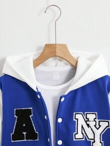 SHEIN 男童字母印花羊毛连帽夹克，秋冬校园夹克 - 藍色 - 查看 6