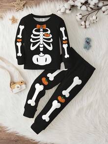 SHEIN Young Boy Casual Minimalist Halloween Spider Cute Cartoon Slim Fit Crew Neck Long Sleeve Pants Thermal Lined Thick Pajamas, Suitable For Autumn/Winter - Multicolor - View 2