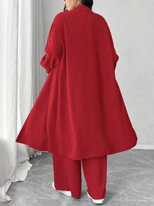 Elenzga 加大码褶皱纹理面料领长袖长衬衫和宽松直筒裤休闲装，2 件套 - 紅色 - 查看 2