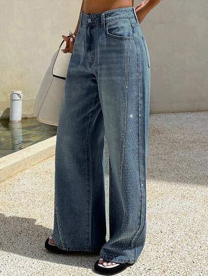 Livesso Women's Casual Distressed Rhinestone Pocket Loose Fit Jeans