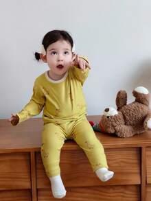 DAZY 2pcs Baby Girls Cartoon Print Casual Comfortable Round Neck Top And Pants Homewear Set - Yellow - View 4