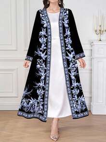 Al Najma 1 件女士舒适黑蓝花卉长袍，适合所有季节的传统服装，精致的花卉图案神秘优雅奢华，衣领、袖口和下摆饰有复古花卉饰边，适合女性日常穿着、约会、休闲、派对、度假、朴素的长袍