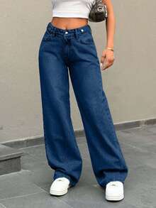 EURMUSE Low Waist Button Detailed Snow Wash Straight Cut Jean - Dark Wash - View 5