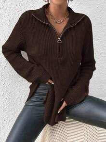 SHEIN Frenchy 半拉链落肩纹毛衣女士秋冬装 - 咖啡棕 - 查看 4