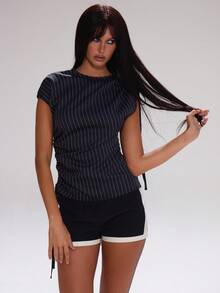 MUSERA 细条纹褶皱领带细节短袖修身长款上衣，可爱秋季休闲工作教师街头风运动工作服商务跑优雅派对春夏假日 - 藏蓝色 - 查看 1