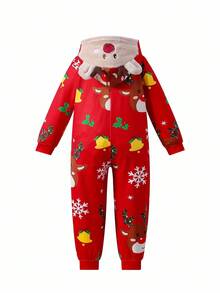 Macacão de manga comprida com capuz e estampa gráfica de Natal minimalista vermelho para menino