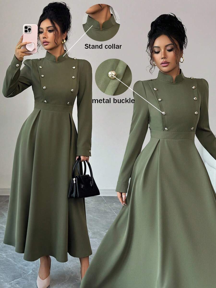 Elenzga 女士编织的优雅长款秋季连衣裙 - 軍綠色 - 查看 1