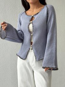 Flirla Casual Minimalist Versatile Button-Up Long Sleeve Women Cardigans - Grey - View 6