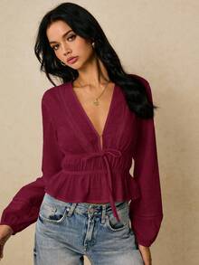 Poéselle 女士优雅纯色通勤衬衫，正面系带，荷叶边下摆，秋季