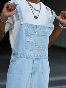 Manfinity EMRG 男式休闲做旧多口袋胸带牛仔背带工装裤 - 淺色水洗藍 - 查看 7