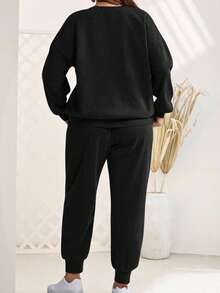 EMERY ROSE Plus Size Women Black Solid Color Round Neck Long Sleeve Sweatshirt And Sweatpants Casual 2 Pieces Set,Autumn Winter Curve Loungewear Fall Clothes - Black - View 2