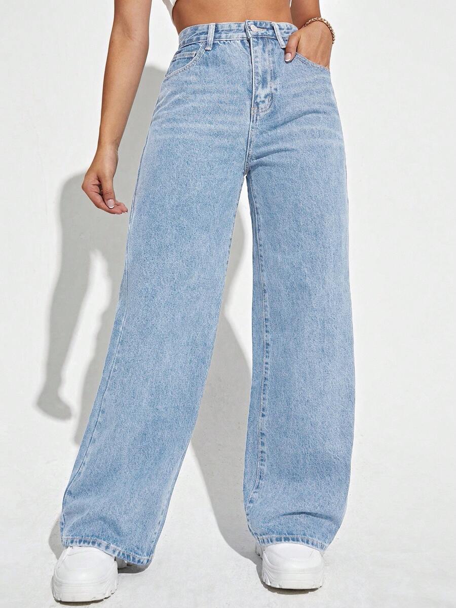 SHEIN ICON Plus Size Solid Color Pocket Design Casual Fashion Denim Pants - Blue - View 1