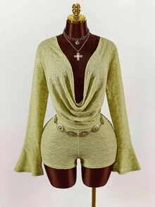 Amplova Bộ jumpsuit nữ cổ thấp dáng suông tay loe, chất liệu vintage, có họa tiết. - màu xanh lá - Xem 2