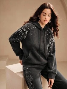 Anewsta Women's Charcoal Gray Oversized Rhinestone Decor Hooded Sweatshirt,Long Sleeve Drawstring Hoodie For Autumn,Casual Night Out,Urban Commute,Winter - Black - View 7