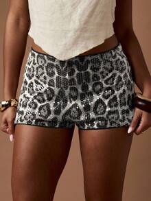 MISSGUIDED 亮片豹纹高腰热裤俱乐部派对节日短裤夏季俱乐部服装表演 - 深灰色 - 查看 4