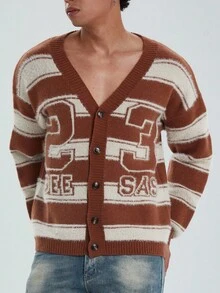 Claim Dot Men's Casual Fashion Street Numeric & Letter Striped Pattern V-Neck Button-Up Cardigan, Autumn/Winter - Khaki - View 3