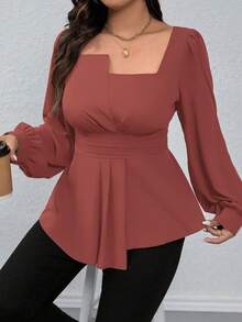 SHEIN LUNE Áo sơ mi tay dài cổ vuông màu trơn viền bèo nhún cỡ lớn, thường ngày cho dịp Giáng sinh, áo peplum - Gỗ đỏ - Xem 7