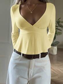CovetEZ Women's V-Neck Ruffled Shoulder Long Sleeve T-Shirt, Light Yellow, Fashion Light Yellow Top Long Sleeve Yellow Top Butter Yellow Top - Light Yellow - View 1