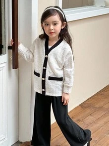 Genkimix Kids Set de 2 piezas con chaqueta de hombros caídos y pantalones rectos con decoración de bolsillo para niña casual - Beis - Ver 3