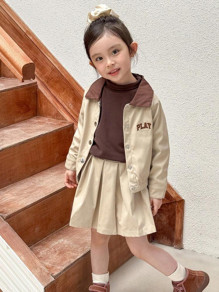 Genkimix Kids 女童卡其色拼色 Polo 领字母刺绣夹克和裙子套装，活力四射的服装，适合社区活动、图书馆和艺术展览 - 卡其色 - 查看 5