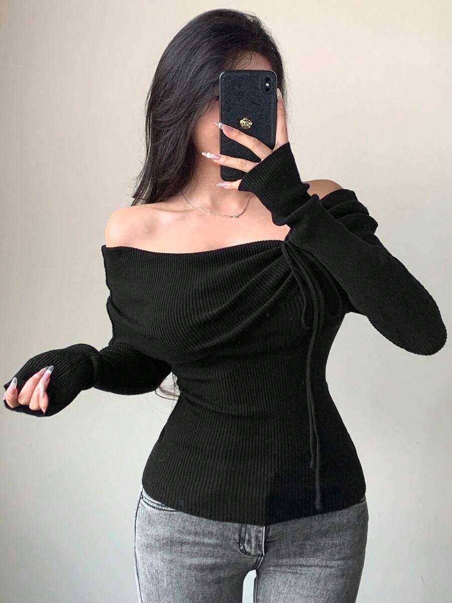 DAZY Women's Lace-Up Off Shoulder Fitted Long Sleeve Elegant Knit Sweater, Autumn/Winter