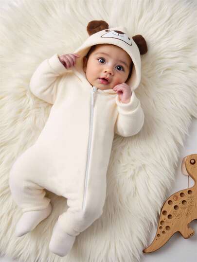 新生男婴/女婴可爱卡通熊印花羊毛连帽连脚连体衣，毛绒 3D 耳朵设计和刺绣图案，适合秋冬季