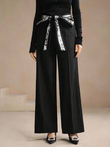 Anewsta Black,Summer,Elegant,Sequin,Party Night Unique 3D Sequins Beaded Wide Waistband Mid-Rise Straight Leg Pants With Pockets,Chic,Christmas,New Year Pants - Black - View 6