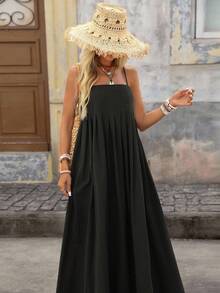 Brillora Vestido de ajuste holgado de unicolor tejido con tirantes de espagueti, para mujeres, apto para primavera y verano - Negro - Ver 3