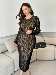 Modelyn Plus Size Solid Color Lace Long Sleeve Dress, Elegant - Black - View 1
