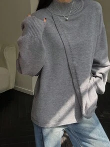 Livesso 女士宽松商务休闲不对称领套头毛衣，纯色简约基本款上衣，秋冬 - 灰色 - 查看 2