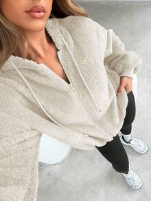 Siren Gaze 1pc Women's Solid Color Fluffy Hooded Sweatshirt, Thick Warm Fleece Sweatshirt, Autumn/Winter,Long Sleeve Tops Graduation,Back To School Outfits,Graduation,Teacher Outfits For Women,Back To School Casual - Apricot - View 5