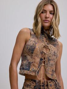 MUSERA 高领系带修身牛仔奶牛印花无袖上衣，适合夏季节日度假，可爱性感，适合春季伊比沙岛西部乡村音乐会、锐舞派对等场合，时尚百搭。 - 棕色 - 查看 2