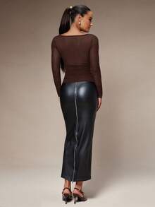 Silquee Áo thun dài tay cổ tròn màu trơn thời trang dành cho nữ - Cà phê nâu - Xem 6