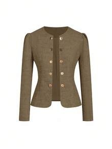 Ellevyn 大码女式纯色褶皱设计宽腿宽松休闲裤 - 棕色 - 查看 4