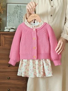 Vintaside Kids 2 件套女婴碎花毛衣夹克和连衣裙套装，春秋 - 藕粉色 - 查看 3