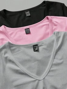 SHEIN EZwear 3 件套女士深 V 领修身休闲长袖打底 T 恤套装，适合秋冬季 - 彩色 - 查看 4