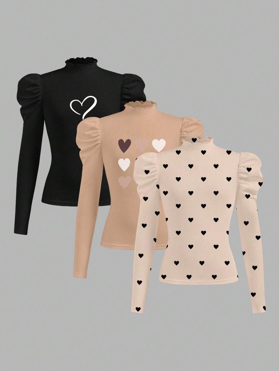 SHEIN 3 件套青少年女孩休闲百搭修身立领泡泡长袖心形印花 T 恤，秋冬 - 彩色 - 查看 1