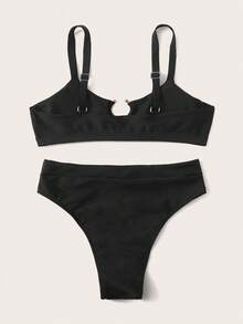 Swim Basics Summer Beach Solid Bikini Set Cuff Ring Linked Adjustable Strap Cami Bra & High Waisted Bottom 2 Piece Bathing Suit - Black - View 2