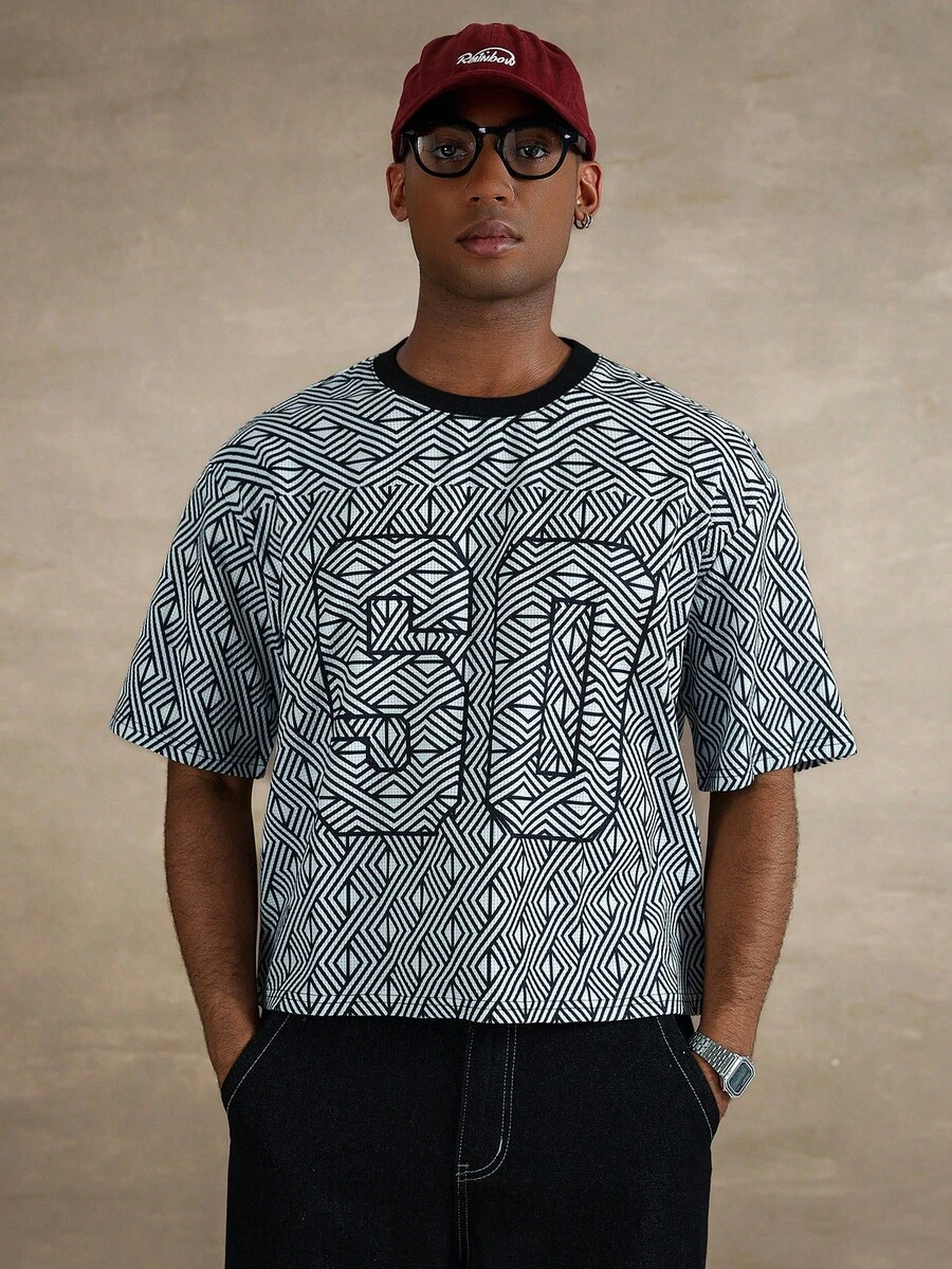 STYNVO Men's Waffle Texture Digital Print Casual Short Sleeve T-Shirt - Black and White - View 1