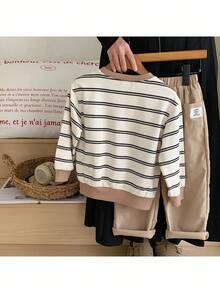 2pcs/Set Young Boy Knit Striped Crew Neck Casual Sweatshirt And Woven Long Pants Outfit Fall Winter - Multicolor - View 2