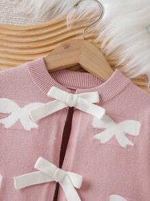 Elladie kids Chaquetas de niña Versátiles Nuevas chaquetas de punto de manga larga para niñas en otoño/invierno, con patrón de lazo jacquard, decoración de lazo 3D, tejido suelto y suave, adecuado para uso diario y ocasiones festivas - Rosa - Ver 4