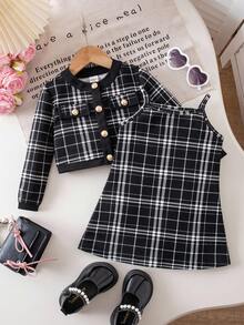 SHEIN Babygirl Cute Black & White Houndstooth Print Long Sleeve Dress & Jacket Set Fall Winter - Black - View 7