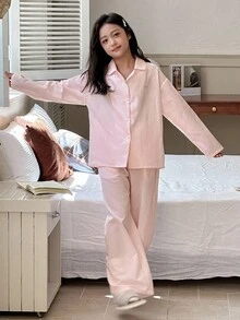 DAZY 2 件套青少年女孩休闲长袖上衣和裤子家居服套装，秋季 - 粉色 - 查看 2