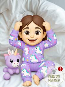 女婴卡通独角兽和彩虹印花舒适睡衣套装，长袖上衣和裤子，舒适时尚 - 紫色 - 查看 3