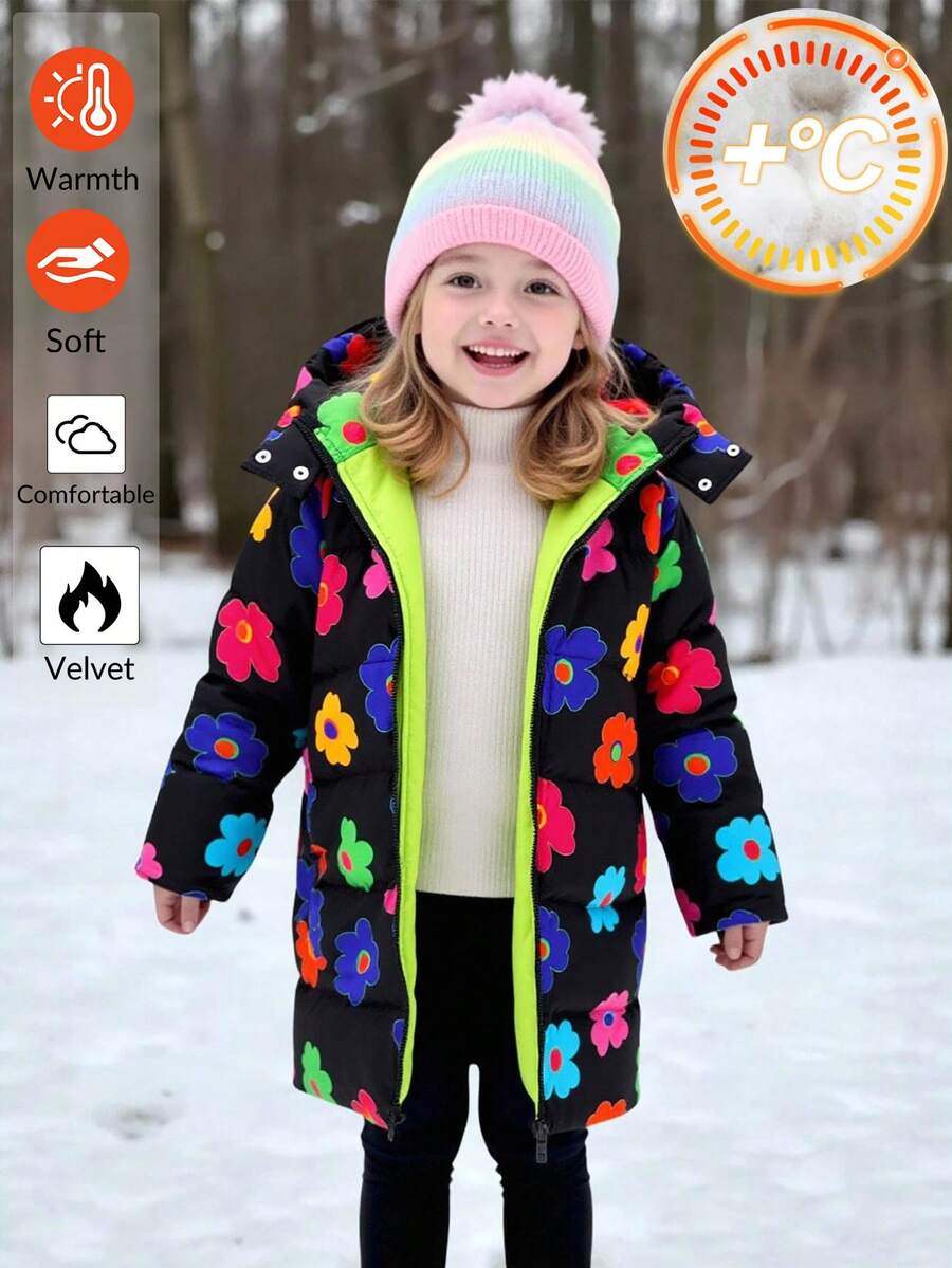 Emery Rose Kids Emery Rose Kids Young Girl Ditsy Floral Hooded Padded Coat Fall Winter - Black - View 1