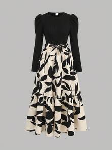 SHEIN Váy Maxi Tay Phồng Họa Tiết Hoa Khâu Màu Trơn Màu Đen Cho Bé Gái Tuổi Teen, Váy Dài Cổ Điển Thanh Lịch Với Tay Áo Dài Và Chi Tiết Buộc Sau Lưng, Váy Cho Bé Gái - màu đen - Xem 5