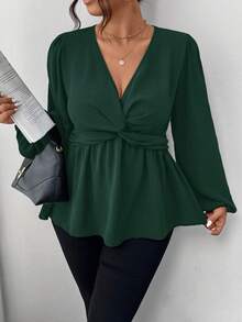 Firerie 大码休闲扭纹下摆长袖衬衫，绿色 - 墨綠色 - 查看 3