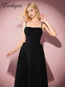 少女黑色褶皱胸围系带侧开衩连衣裙，优雅长款正式吊带背心连衣裙，秋季服装 - 黑色 - 查看 1