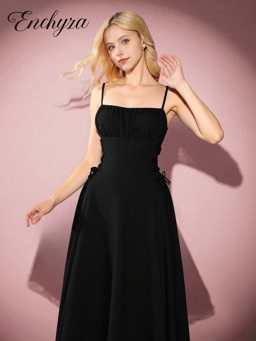 少女黑色褶皱胸围系带侧开衩连衣裙,优雅长款正式吊带背心连衣裙,秋季服装 - 黑色 - 查看 1